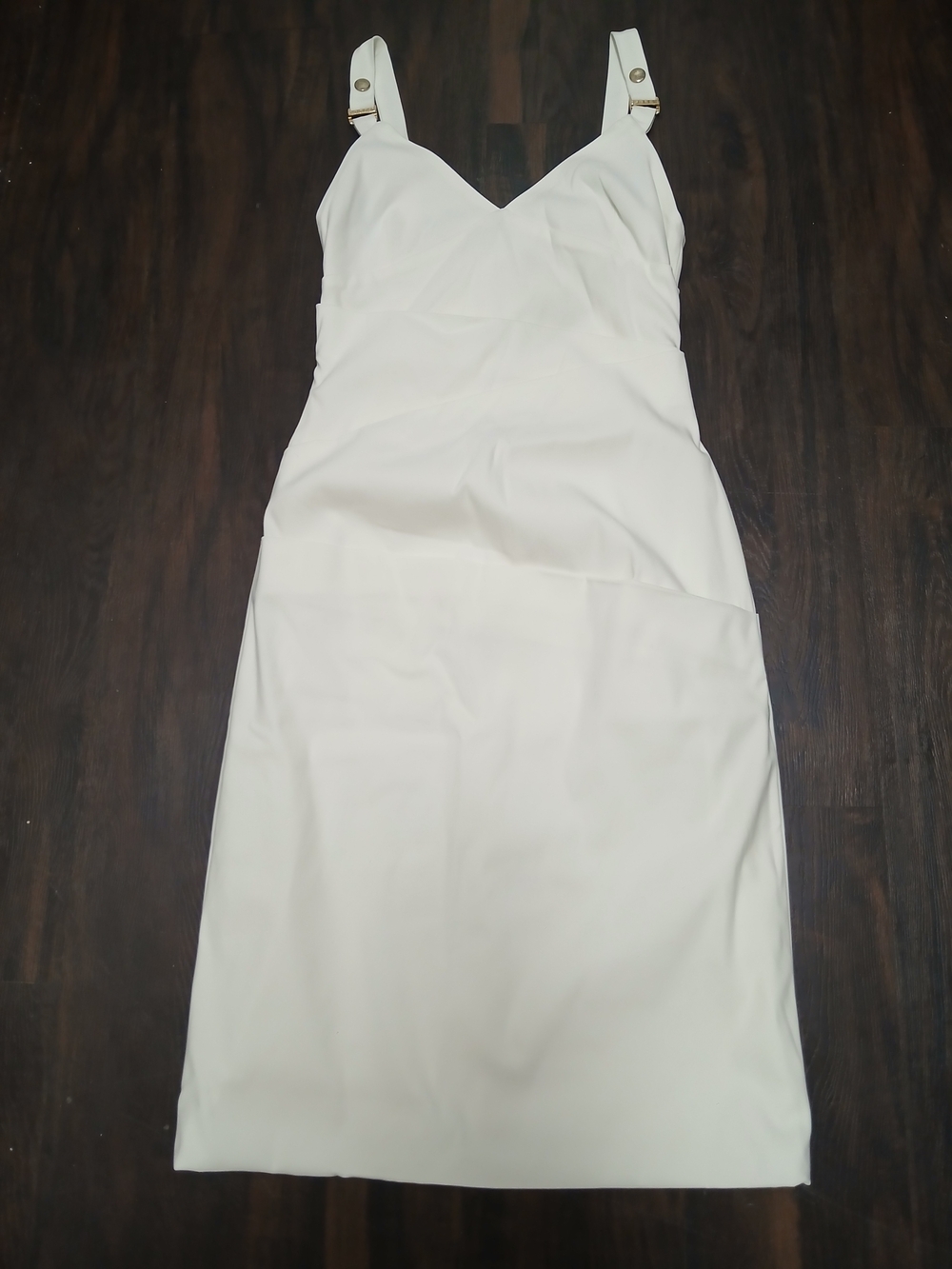 Preen by Thornton Bregazzi Cream Midi Dress with Gold Buckle Straps